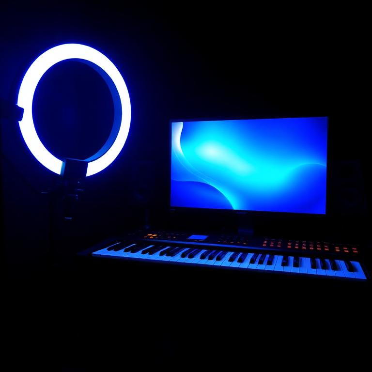 Estúdio de aula ao vivo com teclado e iluminação