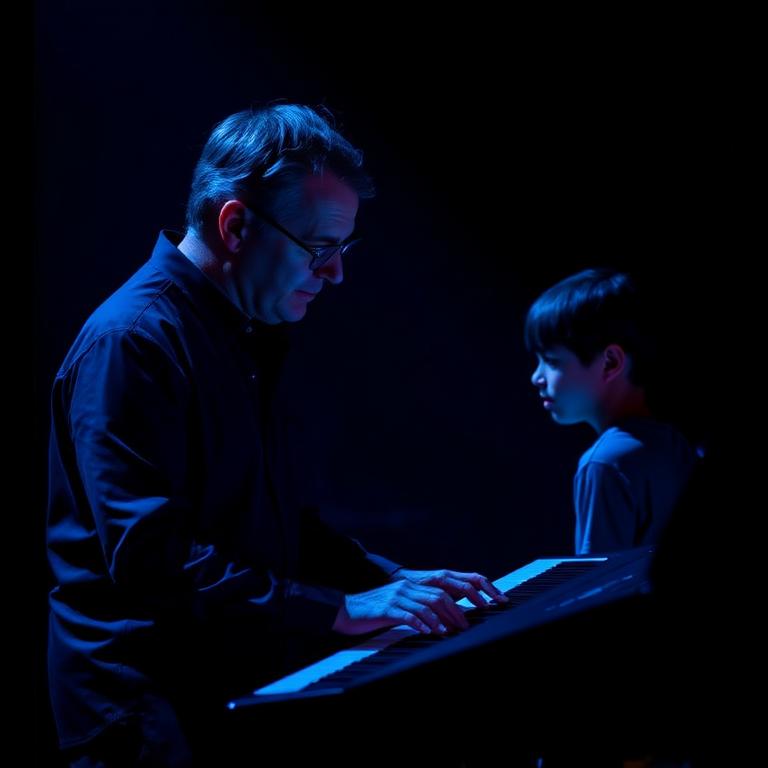 Professor orientando aluno ao teclado